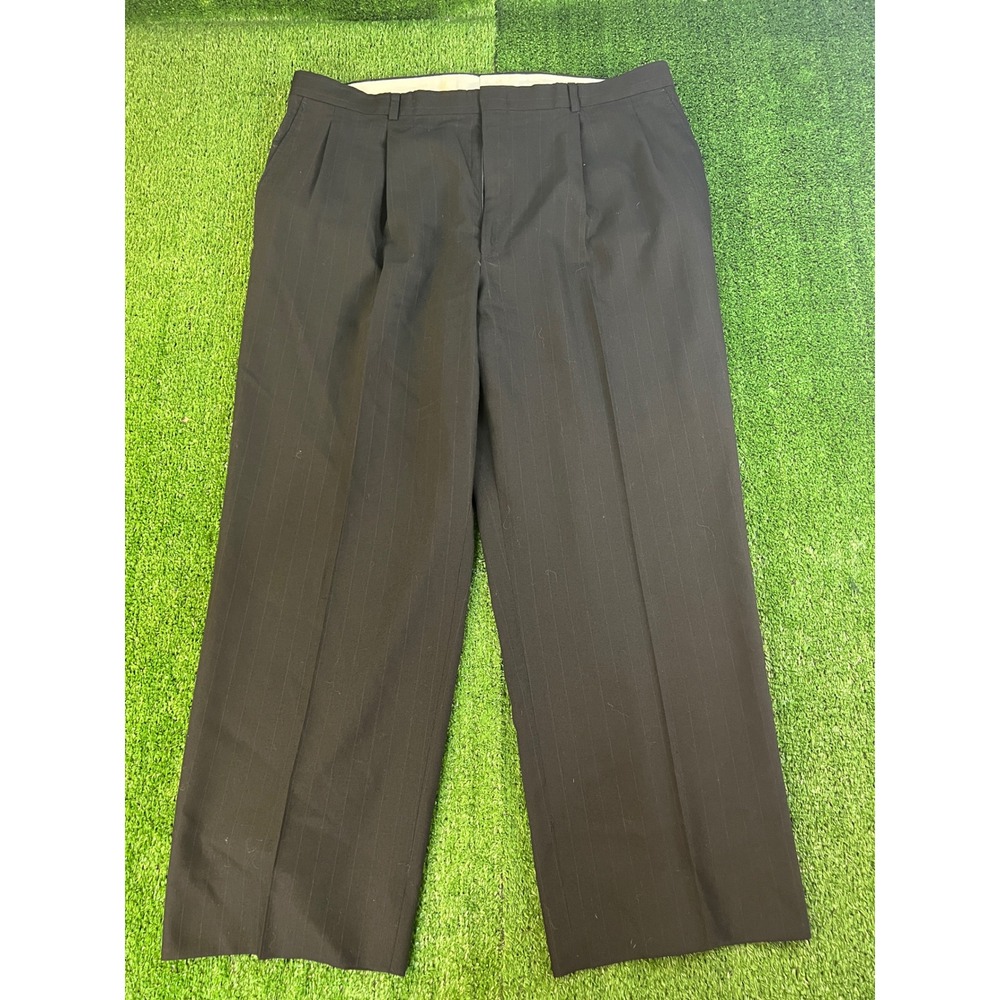 Stafford Mens Pleated Pinstripe Dress Pants Black Wool Blend 44R 38x27 Business
